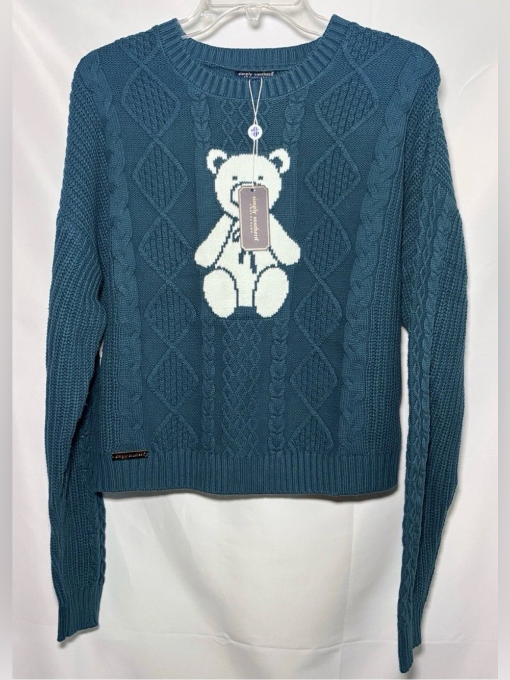 Simply Southern Green White Teddy Bear Cable Knit Sweater